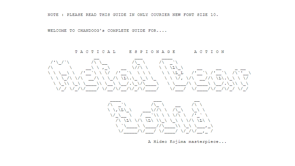 Arte ASCII que lee 'Metal Gear Solid' y está diseñado para que parezca que las letras son 3D
