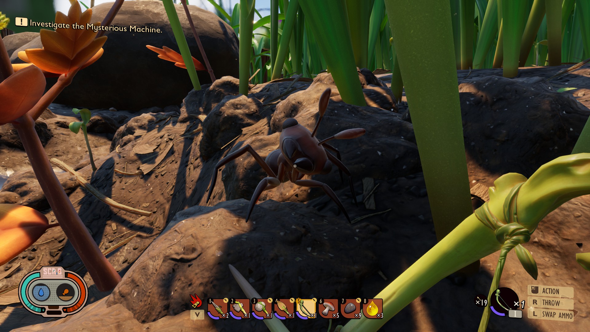 Una hormiga mira con curiosidad al jugador, inclinando la cabeza como un perro.