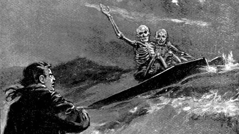 Los esqueletos atrapan una gran ola en sus ataúdes en esta ilustración de 'The Story Hunter o Tales of the weird and wild'.