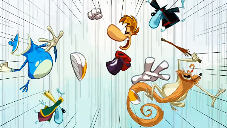 Captura de pantalla de Rayman Origins que muestra a Rayman preparándose para golpear a alguien con sus amigos