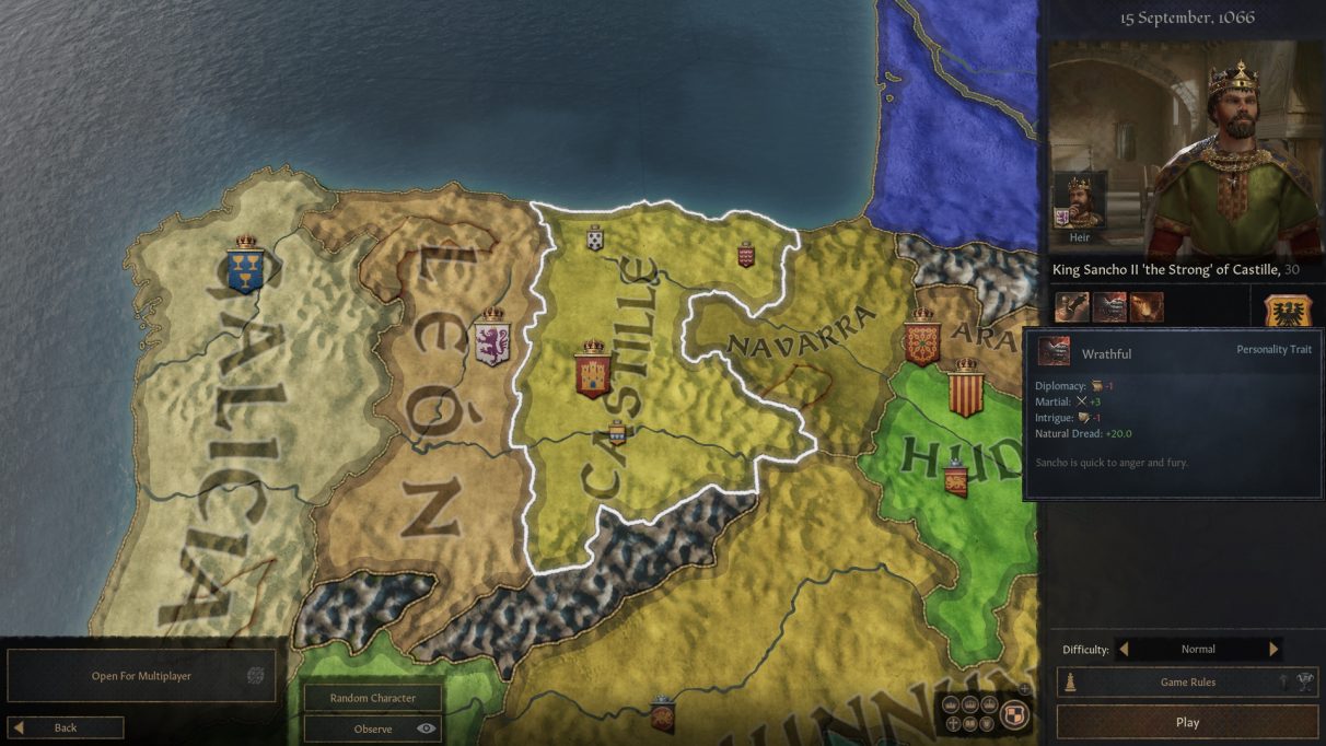 Una pantalla de mapa Crusader Kings 3, que muestra el norte de España, con un rey cruzado en la parte superior derecha, quién soy yo.
