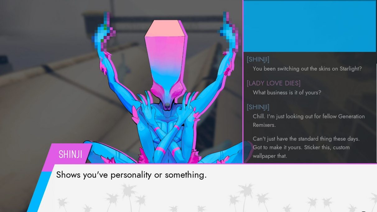 Una captura de pantalla de Shinji, el demonio de Paradise Killer.  Son de color azul eléctrico con detalles en rosa.  tienen cara de perro pero su cabeza es alargada.  También tienen cuatro brazos y están rotos.