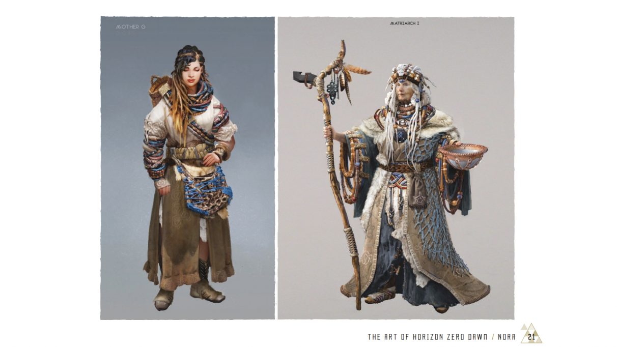 Dos imágenes del libro de arte de Horizon Zero Dawn, que muestran atuendos tribales hechos de textiles tejidos y piezas de máquina.