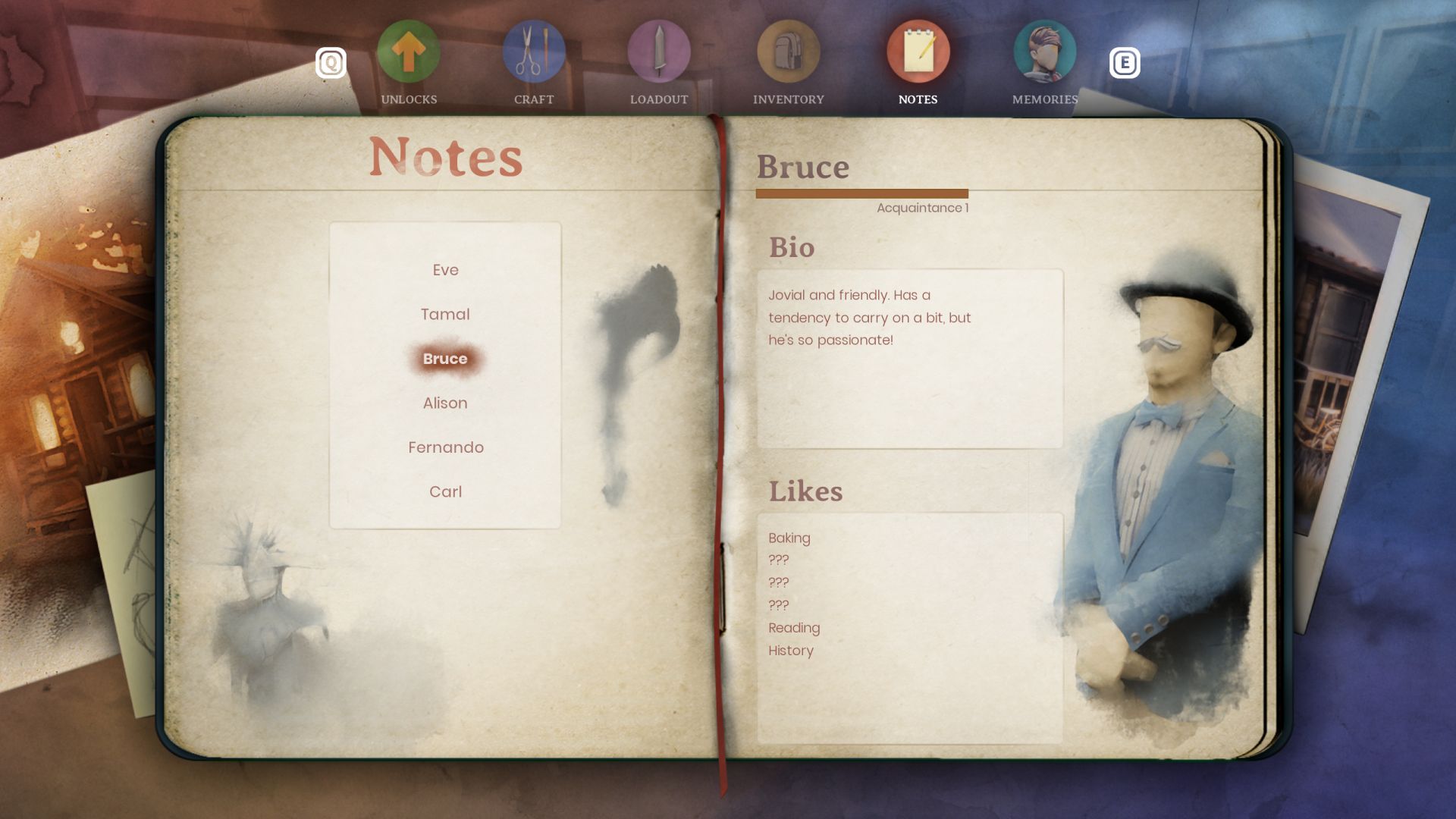 Una captura de pantalla del menú de un cuaderno en Dreamscaper.  Describe a Bruce, un NPC que puedes conocer y lo que el jugador sabe actualmente sobre él.  Esto incluye que le gusta hornear, leer y la historia.