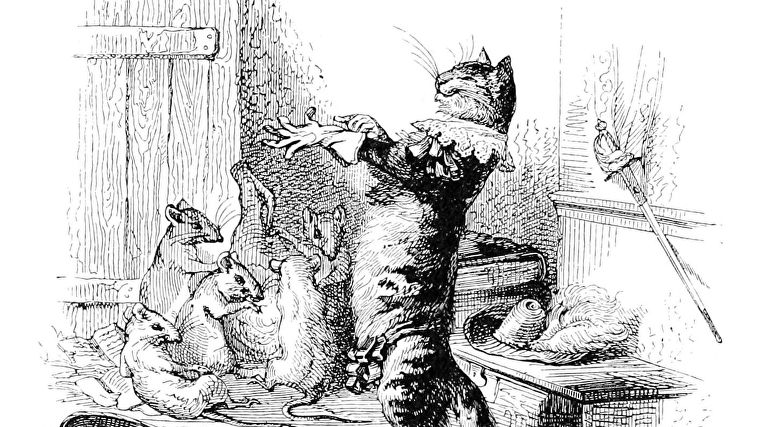 Una ilustración en blanco y negro llamada 'Cat In Gloves' de J Grandville.  Muestra a un gato atigrado de aspecto presumido de pie sobre sus patas traseras, poniéndose un par de guantes humanos.