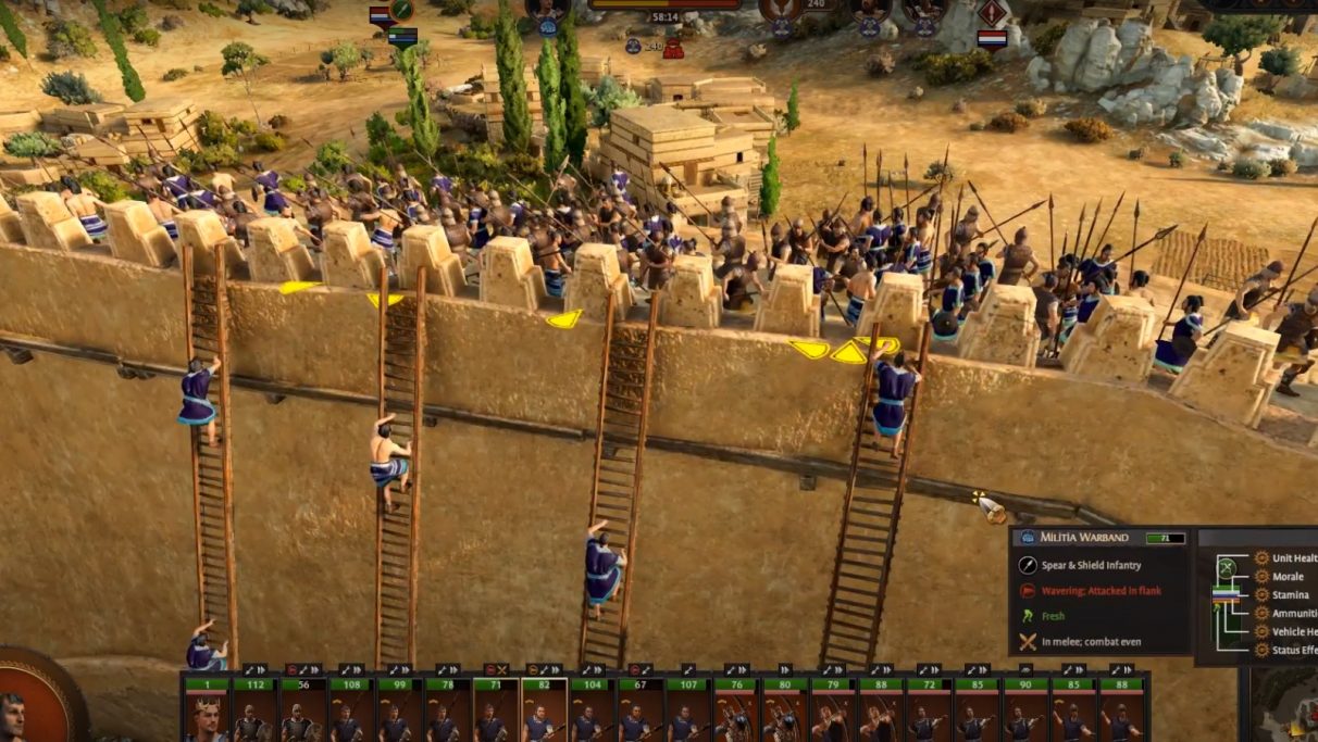Algunos desafortunados troyanos escalan una pared, mientras un montón de defensores enojados se apiñan en la cima listos para masacrarlos.