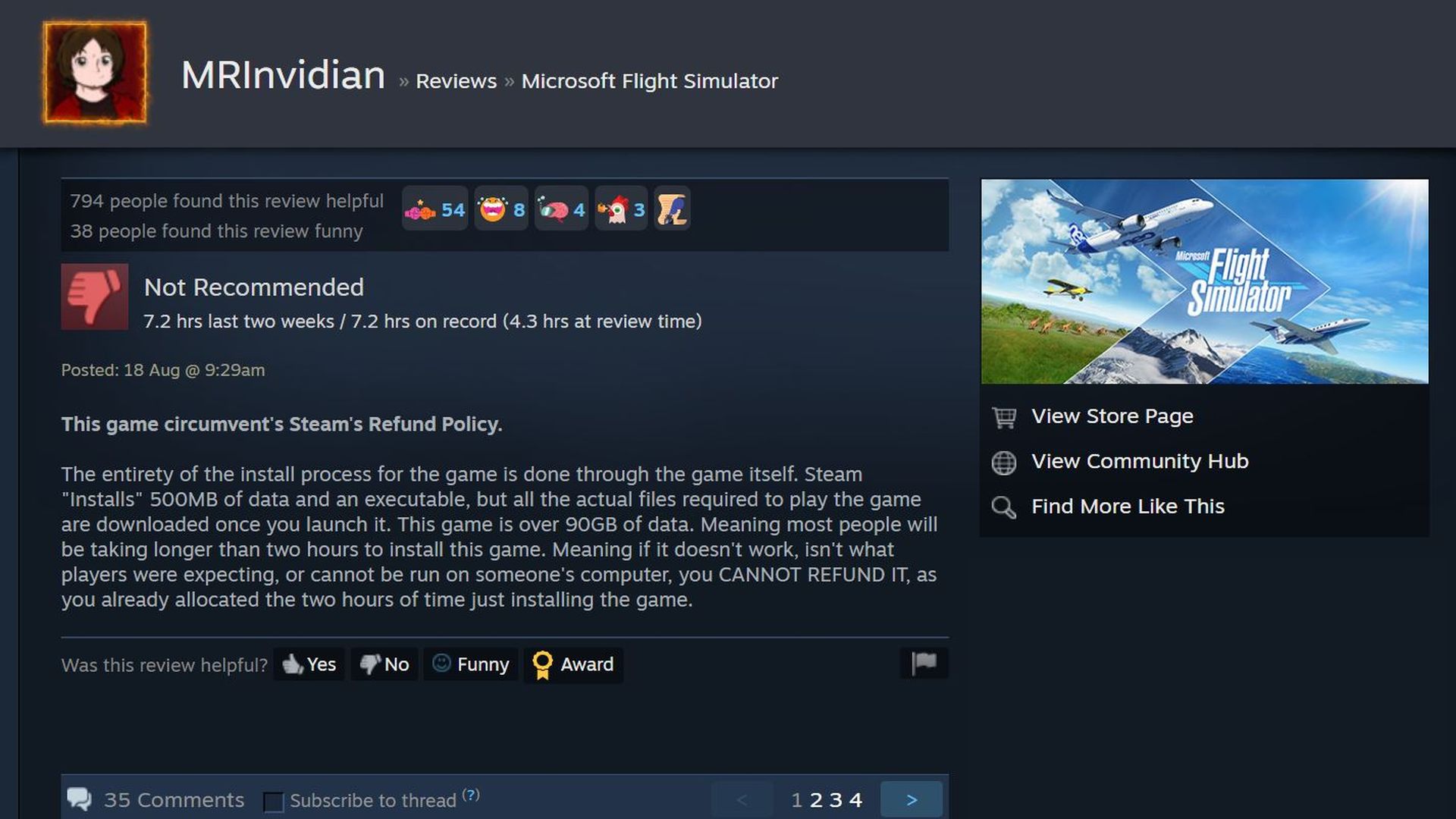 Una revisión negativa de los usuarios de Steam sobre Flight Sim