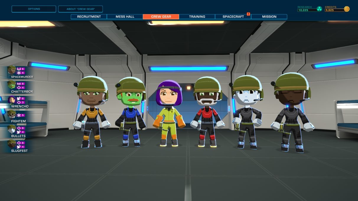 seis simples y coloridos miembros de la tripulación se alinean en una fila dentro de una estación espacial,