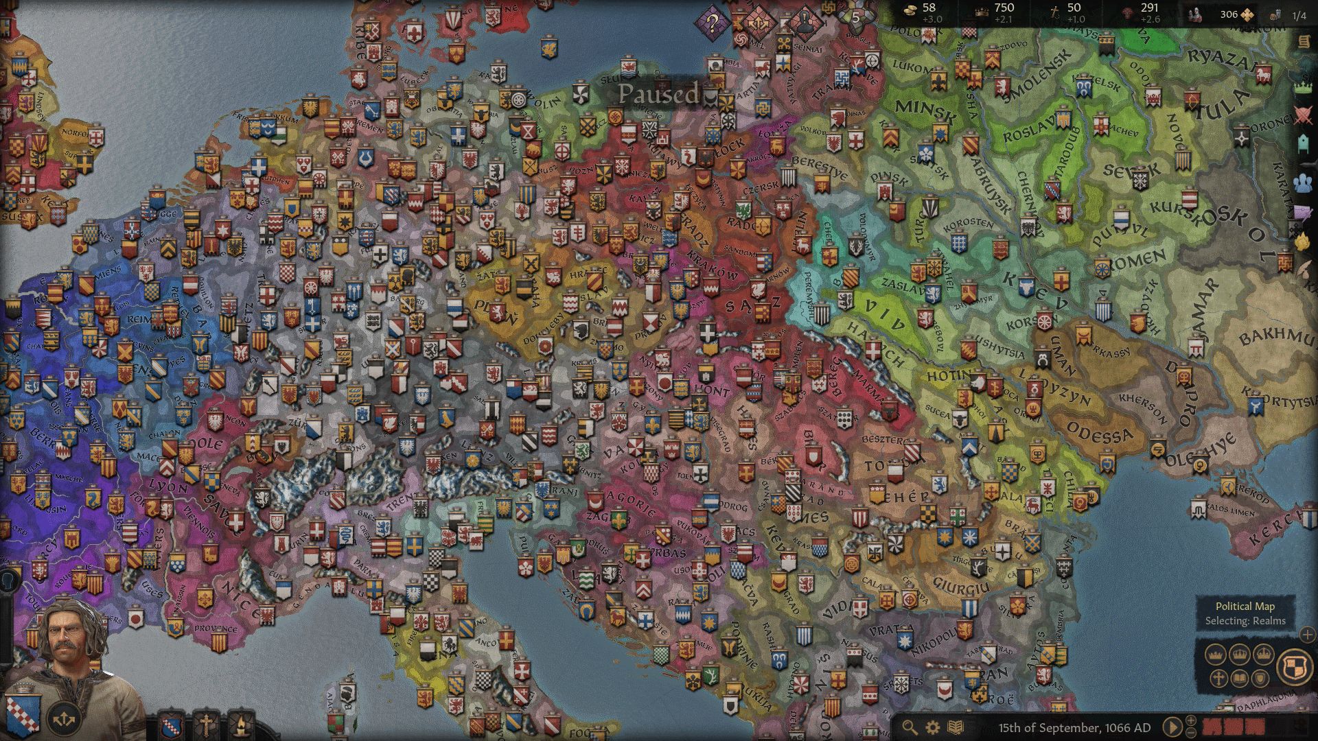 Una captura de pantalla de Crusader Kings 3.  La vista del mapa está cubierta por cientos de iconos.