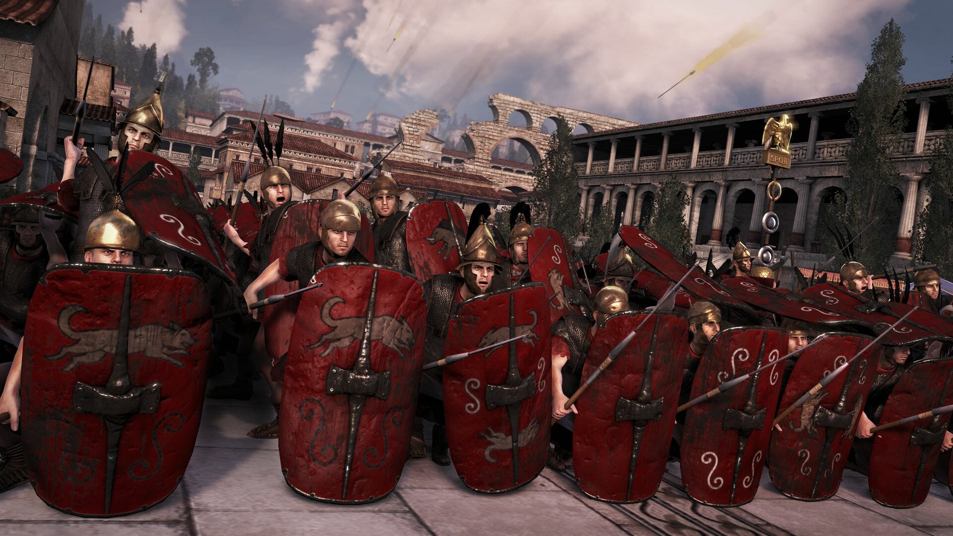 Una captura de pantalla de Total War Rome 2 que muestra a un grupo de legionarios formando un muro de escudos durante la batalla