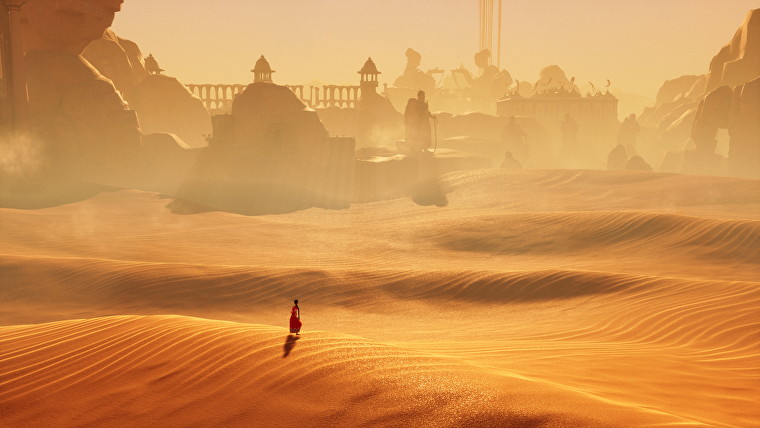 Una captura de pantalla de Raji: An Ancient Adventure que la muestra de pie en un vasto desierto mirando un enorme asentamiento en la distancia.