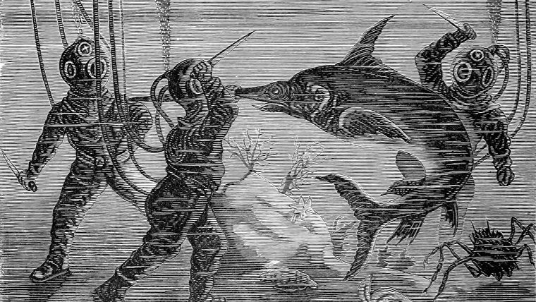 Una lucha submarina en una ilustración de 'El mar: su conmovedora historia de aventuras, peligros y heroísmo'