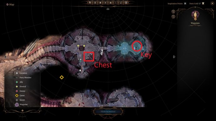 Mapa que muestra la ubicación del cofre elaborado y la llave en Baldur's Gate 3