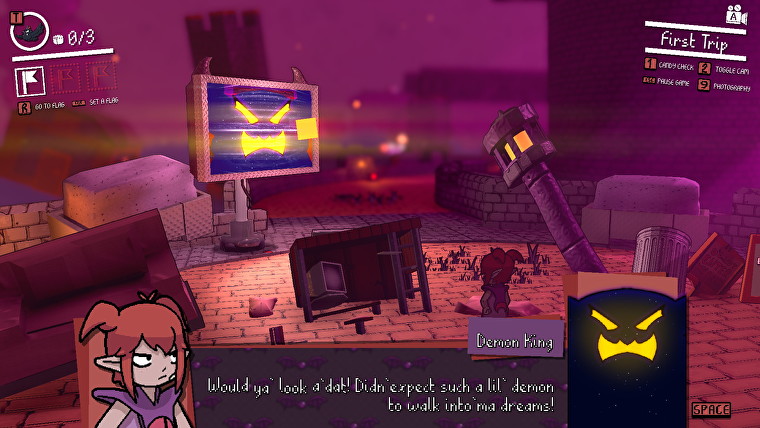 Una captura de pantalla de Demon Turf que muestra a Beebz hablando con un Rey Demonio sorprendido.