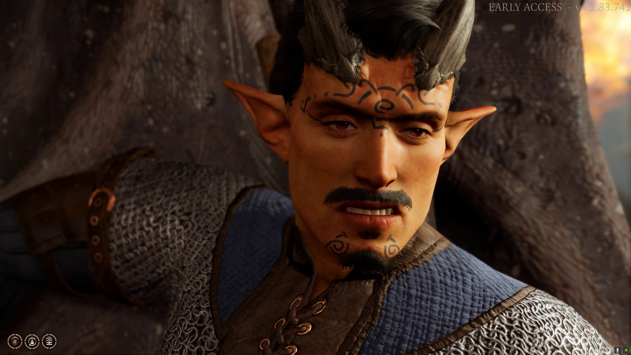 Una captura de pantalla del personaje de jugador personalizado de Matthew en Baldur's Gate 3, un hombre Tiefling de aspecto muy presumido, con bigote y perilla con parche de alma, orejas puntiagudas y grandes cuernos negros que sobresalen de su frente y espalda sobre su cráneo.