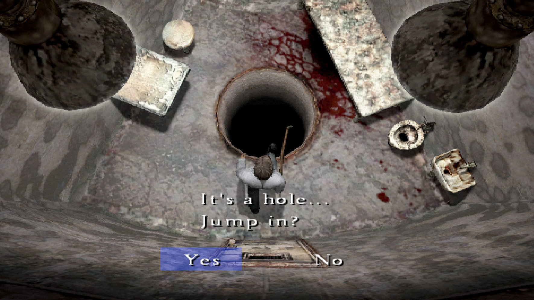 Contemplando un agujero en una captura de pantalla de Silent Hill 4: The Room.