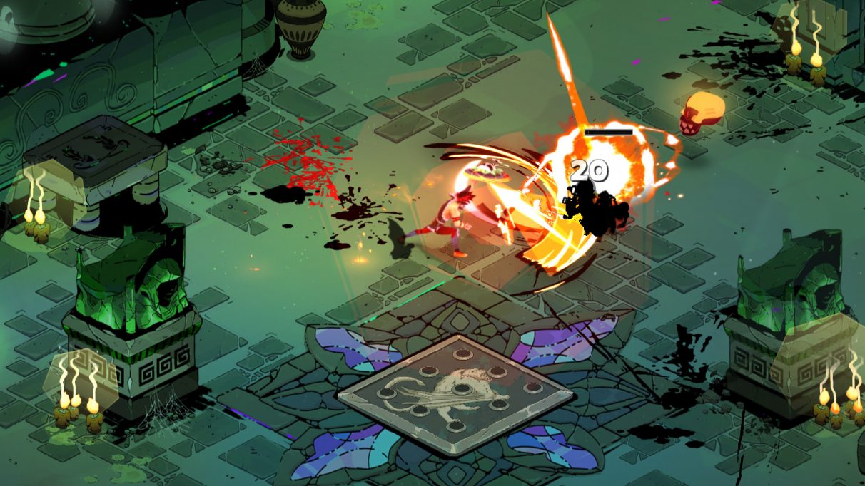 Una captura de pantalla de Hades, que muestra a Zagreus cortando a un enemigo con la Stygian Blade.